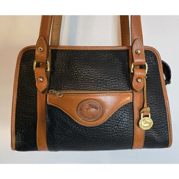 Vintage Dooney & Bourke USA Black Tan AWL Leather Shoulder Bag Tote Purse - Picture 2 of 16